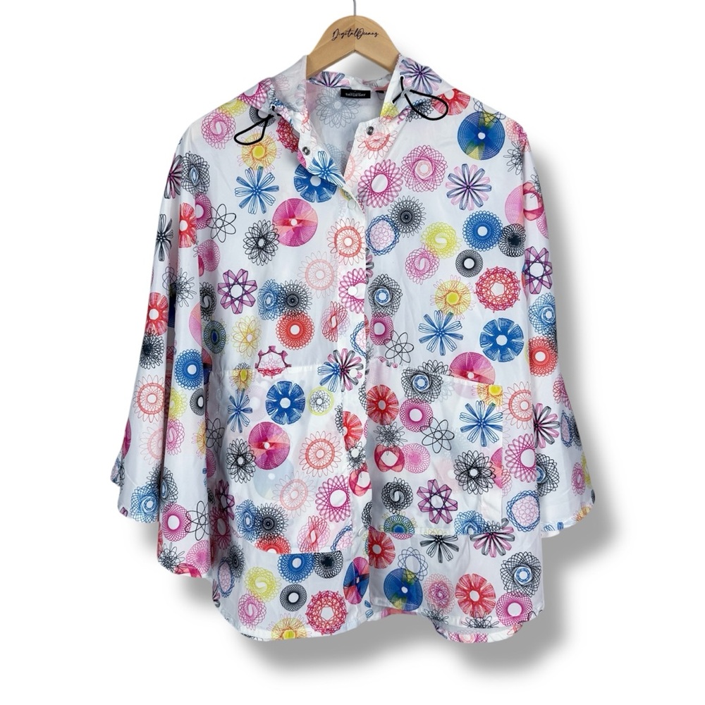 Kate Spade Saturday Hooded Geometric Rain Poncho Cape Colorful White Pink OS - Picture 13 of 14